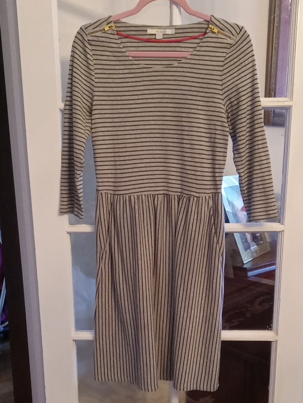 Boden Janie Breton Striped Dress 6R Gray Black Shoulder Zip Knit Midi Pockets